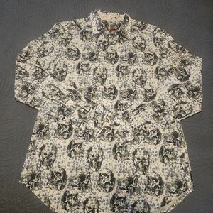 Men's White Skull Print Long-Sleeve Button-Down Shirt